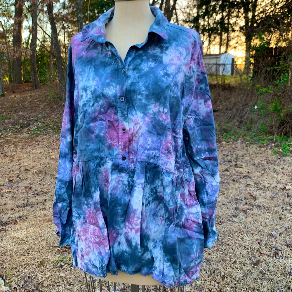 Tie Dye Ruffle Half Button-Up